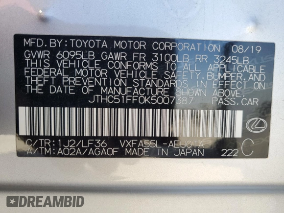 2019 Lexus LS with VIN JTHC51FF0K5007387, listed as a Copart auction lot 49511455 with 65,620 mi miles and Salvage Title. Bid and sale history available at carsss.com. Image 12.