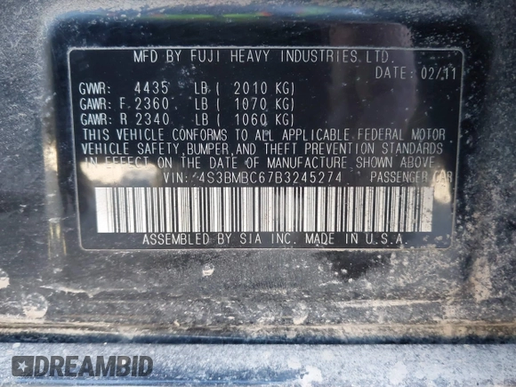 2011 Subaru Legacy Premium with VIN 4S3BMBC67B3245274, listed as a IAAI auction lot 41890173 with 187,505 mi miles and . Bid and sale history available at DreamBid. Image 9.