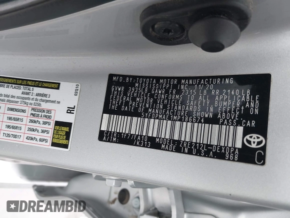 2021 Toyota Corolla L with VIN 5YFDPMAE1MP186674, listed as a IAAI auction lot 41351717 with 38,988 mi miles and . Bid and sale history available at DreamBid. Image 9.