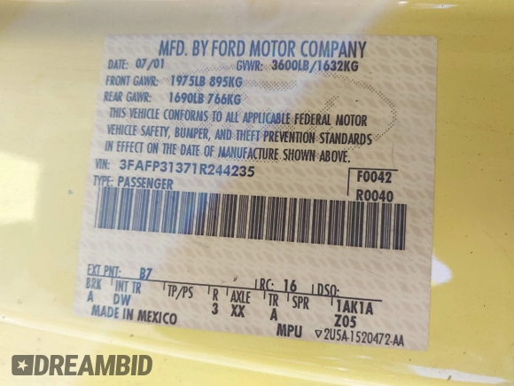 2001 Ford Focus ZX3 с VIN 3FAFP31371R244235, выставлен на аукционе IAAI как лот 42001718 с пробегом 147 016 миль миль и . История ставок и продаж доступна на DreamBid. Изображение 9.