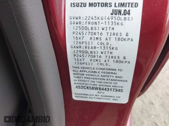 2004 Isuzu Rodeo S z VIN 4S2CK58W644317345, wystawiony jako IAAI lot #41940961 z przebiegiem Nie podano mil oraz . Historia ofert i sprzedaży dostępna na DreamBid. Obrazek 9.