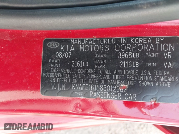 2008 Kia Spectra with VIN KNAFE161585012982, listed as a IAAI auction lot 41988200 with 159,875 mi miles. Bid and sale history available at carsss.com. Image 9.