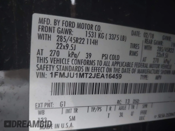 2018 Ford Expedition Platinum with VIN 1FMJU1MT2JEA16459, listed as a IAAI auction lot 40856863 with 125,434 mi miles. Bid and sale history available at carsss.com. Image 9.