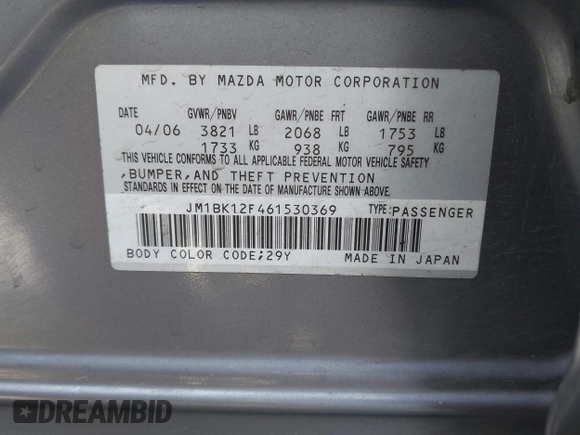 2006 Mazda 3 i with VIN JM1BK12F461530369, listed as a IAAI auction lot 41990008 with 169,878 mi miles. Bid and sale history available at carsss.com. Image 9.