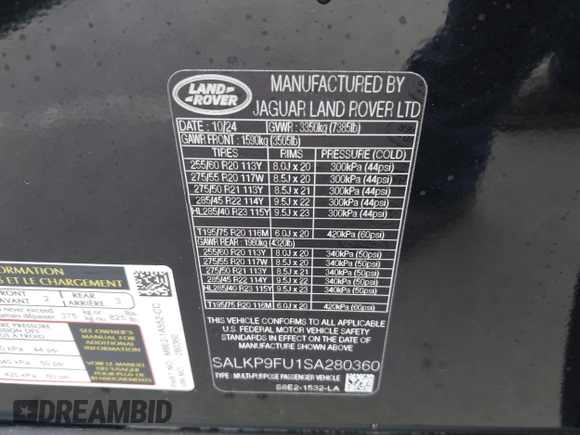 2025 Land Rover Range Rover SE z VIN SALKP9FU1SA280360, wystawiony jako IAAI lot #42067166 z przebiegiem 2 712 mil mil oraz . Historia ofert i sprzedaży dostępna na DreamBid. Obrazek 9.