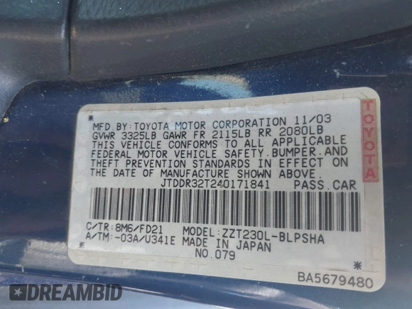 2004 Toyota Celica GT with VIN JTDDR32T240171841, listed as a IAAI auction lot 41986131 with 169,240 mi miles and . Bid and sale history available at DreamBid. Image 9.