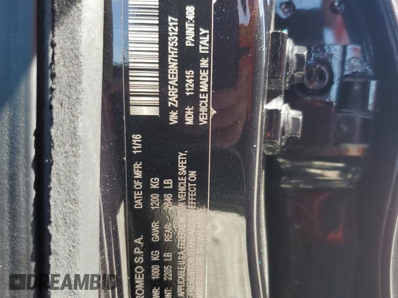 2017 Alfa Romeo Giulia with VIN ZARFAEBN7H7531217, listed as a Copart auction lot 60130275 with 91,768 mi miles and Salvage title. Bid and sale history available at DreamBid. Image 12.