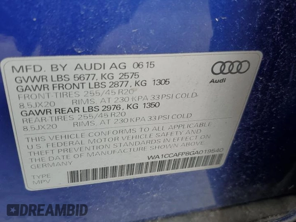 2016 Audi SQ5 Premium Plus with VIN WA1CCAFP8GA019540, listed as a Copart auction lot 61051452 with 41,302 mi miles. Bid and sale history available at carsss.com. Image 10.