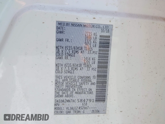 2019 Nissan Pathfinder SV with VIN 5N1DR2MN7KC584791, listed as a IAAI auction lot 42533680 with 57,943 mi miles and . Bid and sale history available at DreamBid. Image 9.