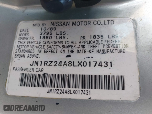 1990 Nissan 300ZX z VIN JN1RZ24A8LX017431, wystawiony jako IAAI lot #42226803 z przebiegiem 152 531 mil mil oraz . Historia ofert i sprzedaży dostępna na DreamBid. Obrazek 9.