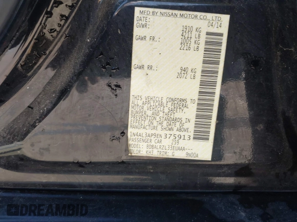2014 Nissan Altima 2.5 with VIN 1N4AL3AP9EN375913, listed as a IAAI auction lot 41820544 with 201,850 mi miles. Bid and sale history available at carsss.com. Image 9.