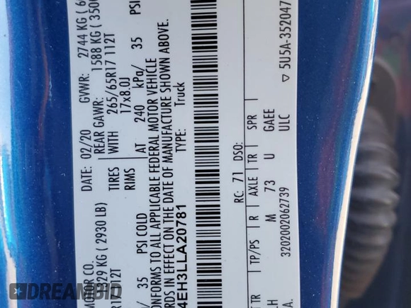 2020 Ford Ranger XL with VIN 1FTER4EH3LLA20781, listed as a Copart auction lot 52648555 with 72,060 mi miles and Salvage title. Bid and sale history available at DreamBid. Image 14.