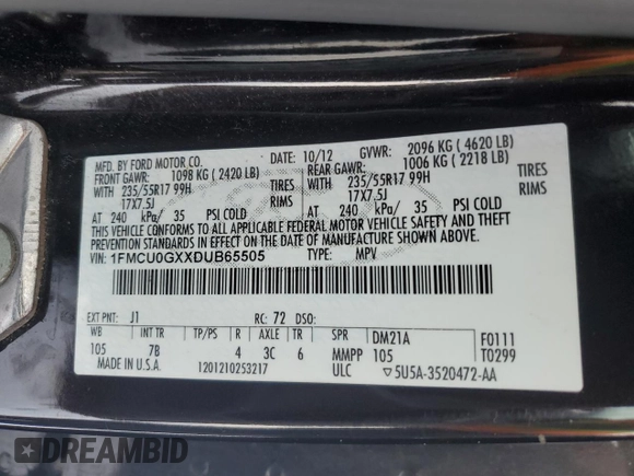 2013 Ford Escape SE with VIN 1FMCU0GXXDUB65505, listed as a Copart auction lot 46140355 with 256,902 mi miles and Salvage title. Bid and sale history available at DreamBid. Image 13.