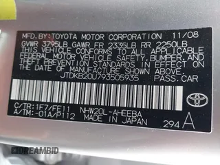 2009 Toyota Prius with VIN JTDKB20U793505935, listed as a IAAI auction lot 41285193 with 52,944 mi miles and . Bid and sale history available at DreamBid. Image 9.