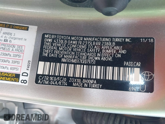 2019 Toyota C-HR XLE with VIN NMTKHMBX7KR079751, listed as a IAAI auction lot 42013399 with 74,665 mi miles. Bid and sale history available at carsss.com. Image 9.