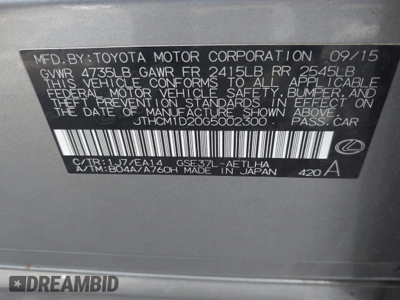 2016 Lexus IS 300/350 with VIN JTHCM1D20G5002300, listed as a IAAI auction lot 41957826 with 77,156 mi miles and . Bid and sale history available at DreamBid. Image 9.