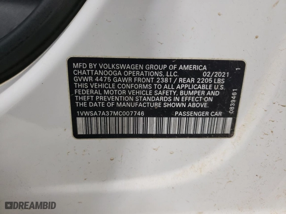 2021 Volkswagen Passat 2.0T SE with VIN 1VWSA7A37MC007746, listed as a Copart auction lot 45486515 with 122,060 mi miles and Salvage Title. Bid and sale history available at carsss.com. Image 13.