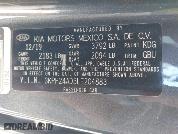 2020 Kia Forte LXS z VIN 3KPF24AD5LE204883, wystawiony jako IAAI lot #42038600 z przebiegiem 48 841 mil mil oraz . Historia ofert i sprzedaży dostępna na DreamBid. Obrazek 9.
