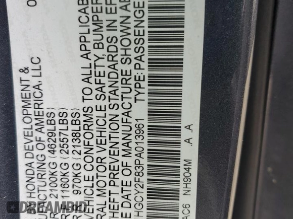 2023 Honda Accord Touring with VIN 1HGCY2F83PA013961, listed as a Copart auction lot 58853475 with 18,575 mi miles and Salvage title. Bid and sale history available at DreamBid. Image 13.