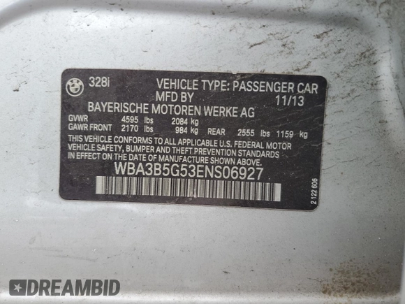 2014 BMW 3 Series 328i xDrive with VIN WBA3B5G53ENS06927, listed as a Copart auction lot 52871955 with 178,753 mi miles and Salvage Title. Bid and sale history available at DreamBid. Image 12.