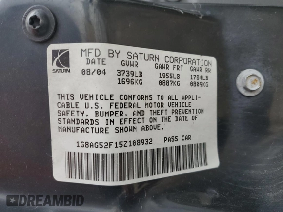 2005 Saturn ION ION 1 z VIN 1G8AG52F15Z108932, wystawiony jako Copart lot #88412095 z przebiegiem 155 760 mil mil oraz Szkody całkowita. Historia ofert i sprzedaży dostępna na DreamBid. Obrazek 14.