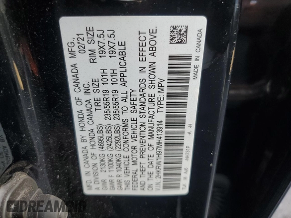 2021 Honda CR-V Touring with VIN 2HKRW1H97MH413914, listed as a Copart auction lot 47384115 with 0 mi miles and Salvage Title. Bid and sale history available at carsss.com. Image 13.