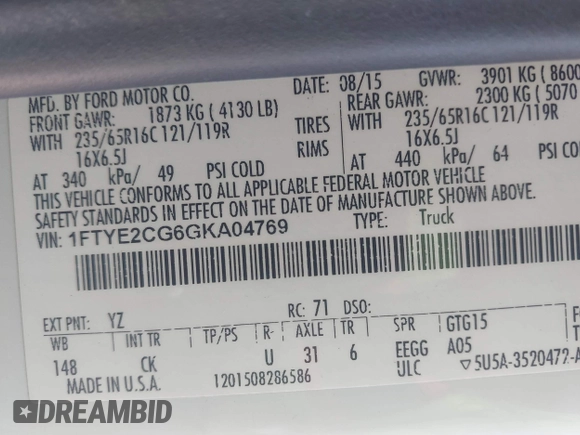 2016 Ford Transit with VIN 1FTYE2CG6GKA04769, listed as a IAAI auction lot 42540728 with 128,502 mi miles and . Bid and sale history available at DreamBid. Image 9.