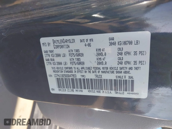 2006 Dodge Ram 1500 SLT with VIN 1D7HU18256S647953, listed as a IAAI auction lot 41430894 with 209,656 mi miles. Bid and sale history available at carsss.com. Image 9.