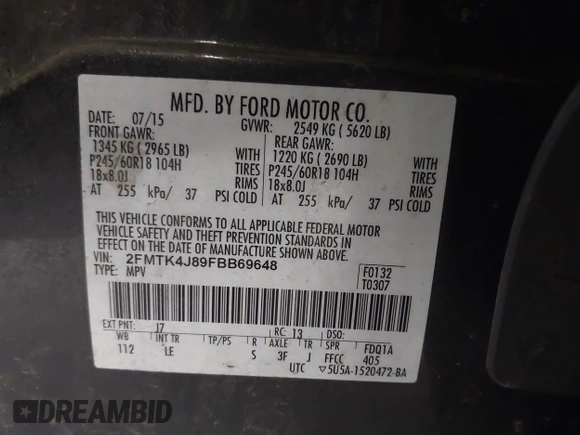 2015 Ford Edge SEL with VIN 2FMTK4J89FBB69648, listed as a IAAI auction lot 41765397 with 160,508 mi miles. Bid and sale history available at carsss.com. Image 9.