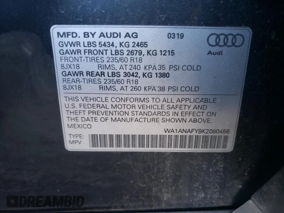 2019 Audi Q5 Premium with VIN WA1ANAFY9K2080456, listed as a Copart auction lot 70509152 with 52,405 mi miles. Bid and sale history available at carsss.com. Image 13.