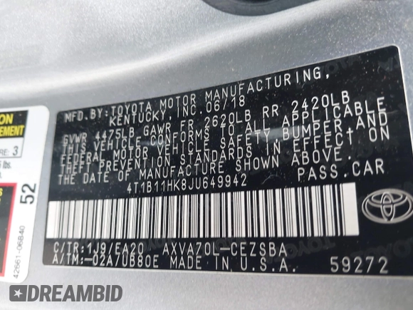 2018 Toyota Camry LE z VIN 4T1B11HK8JU649942, wystawiony jako IAAI lot #42194030 z przebiegiem 54 687 mil mil oraz . Historia ofert i sprzedaży dostępna na DreamBid. Obrazek 9.