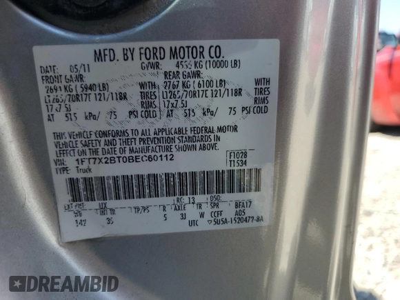 2011 Ford F-250 XL с VIN 1FT7X2BT0BEC60112, выставлен на аукционе Copart как лот 62155405 с пробегом Не указан миль и Списание • Salvage title. История ставок и продаж доступна на DreamBid. Изображение 12.