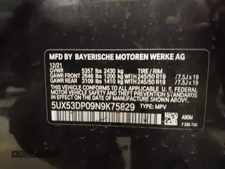 2022 BMW X3 xDrive30i with VIN 5UX53DP09N9K75829, listed as a IAAI auction lot 41646561 with Not Provided miles and . Bid and sale history available at DreamBid. Image 9.