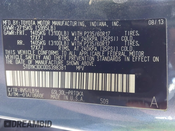 2013 Toyota Sienna XLE AAS with VIN 5TDYK3DC0DS398381, listed as a IAAI auction lot 41773688 with 169,055 mi miles. Bid and sale history available at carsss.com. Image 9.