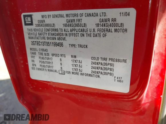 2005 GMC Sierra 1500 SLE z VIN 2GTEC13T951199456, wystawiony jako IAAI lot #41713285 z przebiegiem 219 386 mil mil oraz . Historia ofert i sprzedaży dostępna na DreamBid. Obrazek 9.