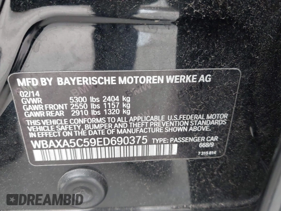 2014 BMW 5 Series 535d with VIN WBAXA5C59ED690375, listed as a IAAI auction lot 42030902 with 70,553 mi miles and . Bid and sale history available at carsss.com. Image 9.