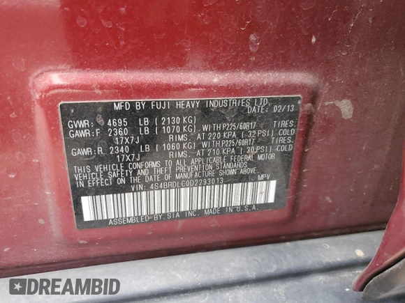 2013 Subaru Outback Limited with VIN 4S4BRDLC0D2293013, listed as a Copart auction lot 79614054 with Not provided miles and Salvage title. Bid and sale history available at DreamBid. Image 12.