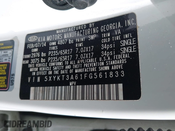 2015 Kia Sorento LX with VIN 5XYKT3A61FG561833, listed as a IAAI auction lot 42016426 with 130,907 mi miles and . Bid and sale history available at carsss.com. Image 9.
