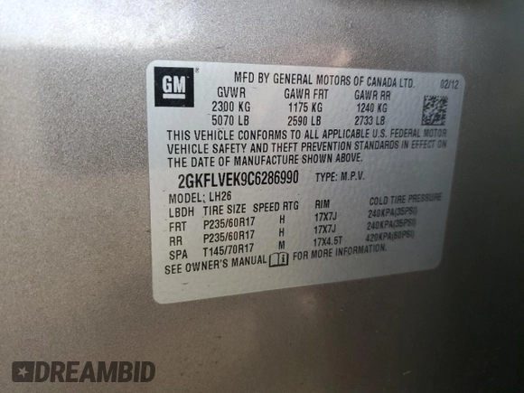 2012 GMC Terrain SLT-1 with VIN 2GKFLVEK9C6286990, listed as a Copart auction lot 54443445 with 118,236 mi miles and Clean Title. Bid and sale history available at carsss.com. Image 12.