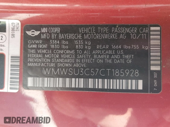 2012 MINI Hardtop with VIN WMWSU3C57CT185928, listed as a Copart auction lot 51036675 with 185,940 mi miles and Salvage Title. Bid and sale history available at DreamBid. Image 12.