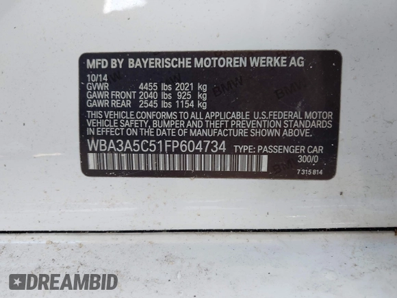 2015 BMW 3 Series 328i с VIN WBA3A5C51FP604734, выставлен на аукционе IAAI как лот 42687621 с пробегом 77 185 миль миль и . История ставок и продаж доступна на DreamBid. Изображение 9.