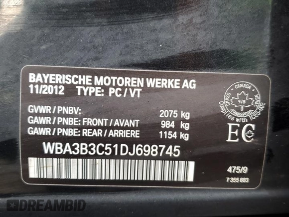 2013 BMW 3 Series 328i xDrive with VIN WBA3B3C51DJ698745, listed as a Copart auction lot 50071485 with 178,912 mi miles and Salvage Title. Bid and sale history available at carsss.com. Image 12.