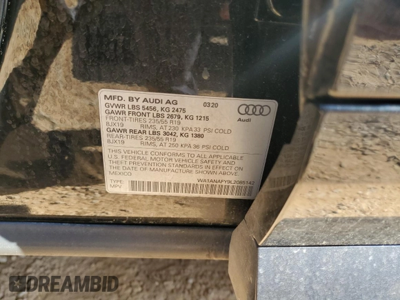 2020 Audi Q5 Premium with VIN WA1ANAFY9L2085142, listed as a Copart auction lot 50261515 with 38,477 mi miles and Salvage Title. Bid and sale history available at carsss.com. Image 13.