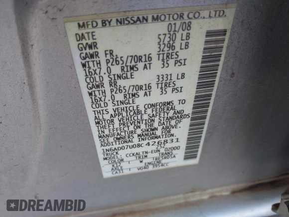 2008 Nissan Frontier SE with VIN 1N6AD07U08C426831, listed as a IAAI auction lot 42750853 with 149,564 mi miles and . Bid and sale history available at DreamBid. Image 9.