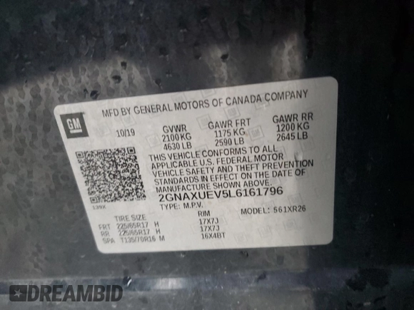 2020 Chevrolet Equinox LT with VIN 2GNAXUEV5L6161796, listed as a Copart auction lot 84168654 with 132,959 mi miles and Clean Title. Bid and sale history available at DreamBid. Image 13.