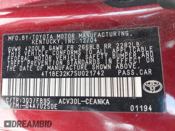 2005 Toyota Camry STD z VIN 4T1BE32K75U021742, wystawiony jako IAAI lot #42525204 z przebiegiem 235 645 mil mil oraz . Historia ofert i sprzedaży dostępna na DreamBid. Obrazek 9.