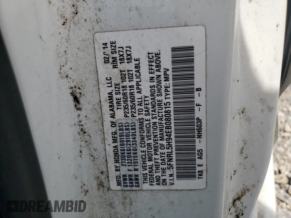 2014 Honda Odyssey Touring with VIN 5FNRL5H94EB080815, listed as a Copart auction lot 65244325 with 153,314 mi miles and Salvage title. Bid and sale history available at DreamBid. Image 13.