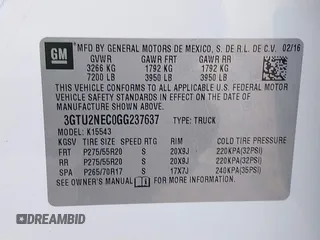 2016 GMC Sierra 1500 SLT with VIN 3GTU2NEC0GG237637, listed as a IAAI auction lot 41820179 with 179,111 mi miles and . Bid and sale history available at DreamBid. Image 9.