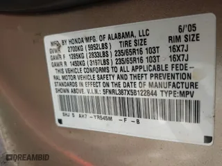 2005 Honda Odyssey EX-L with VIN 5FNRL387X5B122844, listed as a IAAI auction lot 41659620 with 278,163 mi miles. Bid and sale history available at carsss.com. Image 9.