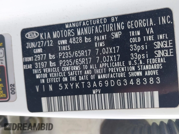 2013 Kia Sorento LX with VIN 5XYKT3A69DG348383, listed as a IAAI auction lot 42195952 with 179,451 mi miles and . Bid and sale history available at carsss.com. Image 9.